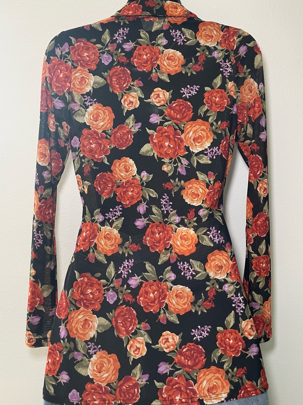 Ember Floral Mesh Button Front Top Small Black Rose Print Long Sleeve Y2K Sheer - Picture 6 of 8